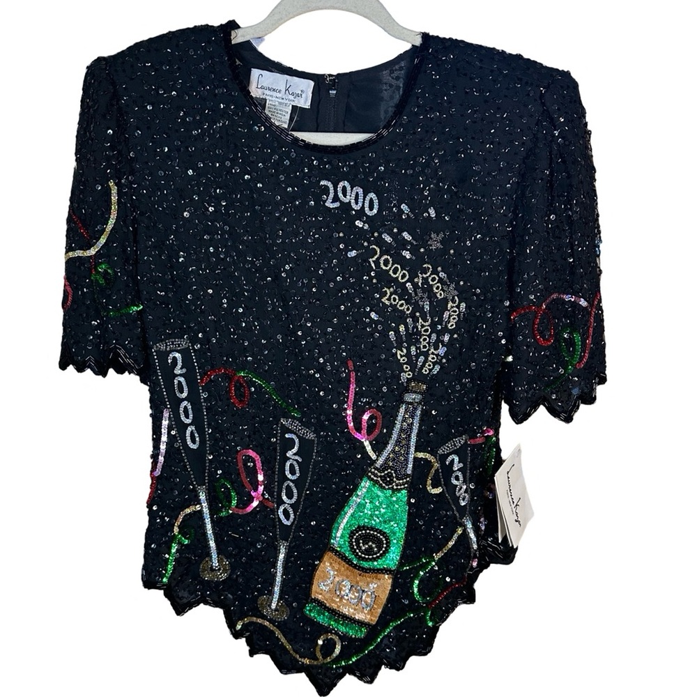 Laurence Kazar Black Sequin Beaded New Year 2000 Champagne Top Size L